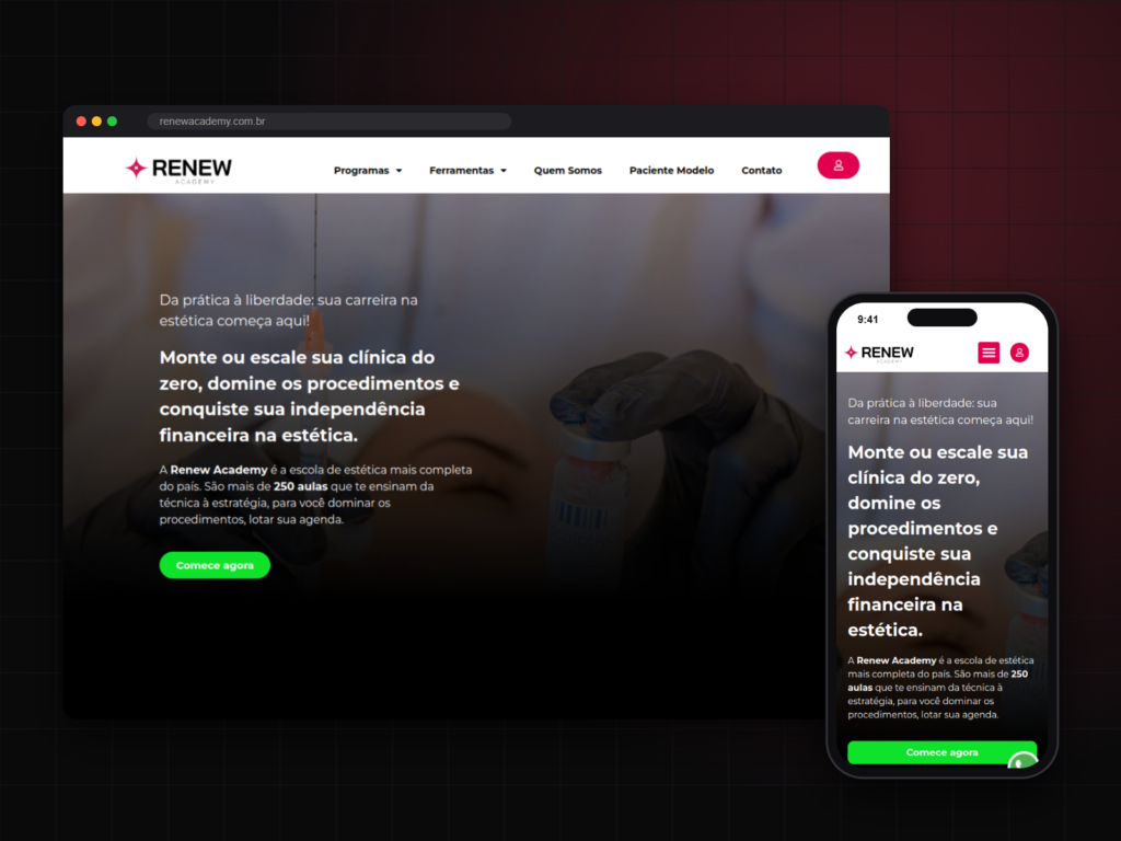 Site da Renew Academy no computador e no celular